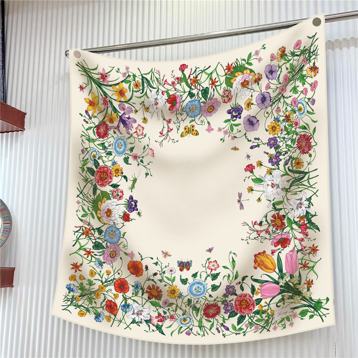 SF25060 Satin Daisy Print Scarf- Beige