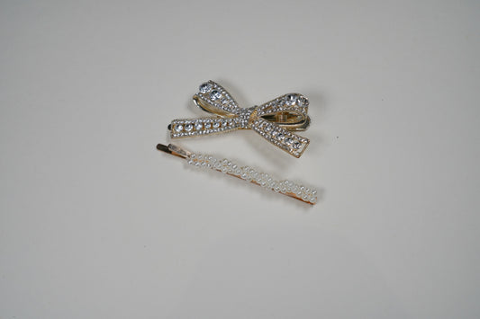 H24057K Rhinestone and Pearl Bow Hair Clip