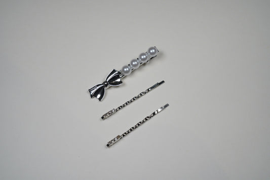 H24062K Pearl Bow Hair Clips 3-Pack