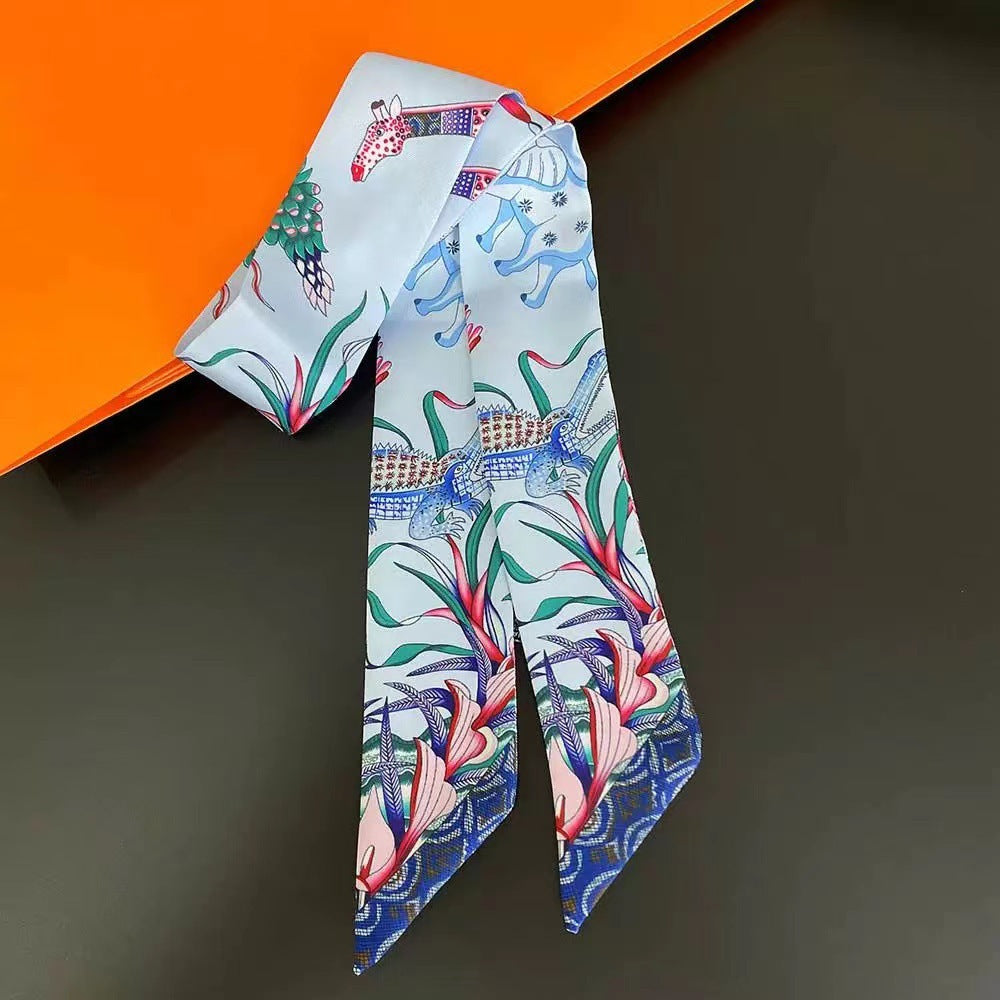 SF25080 Twilly Satin Scarf- Blue Wildlife Print